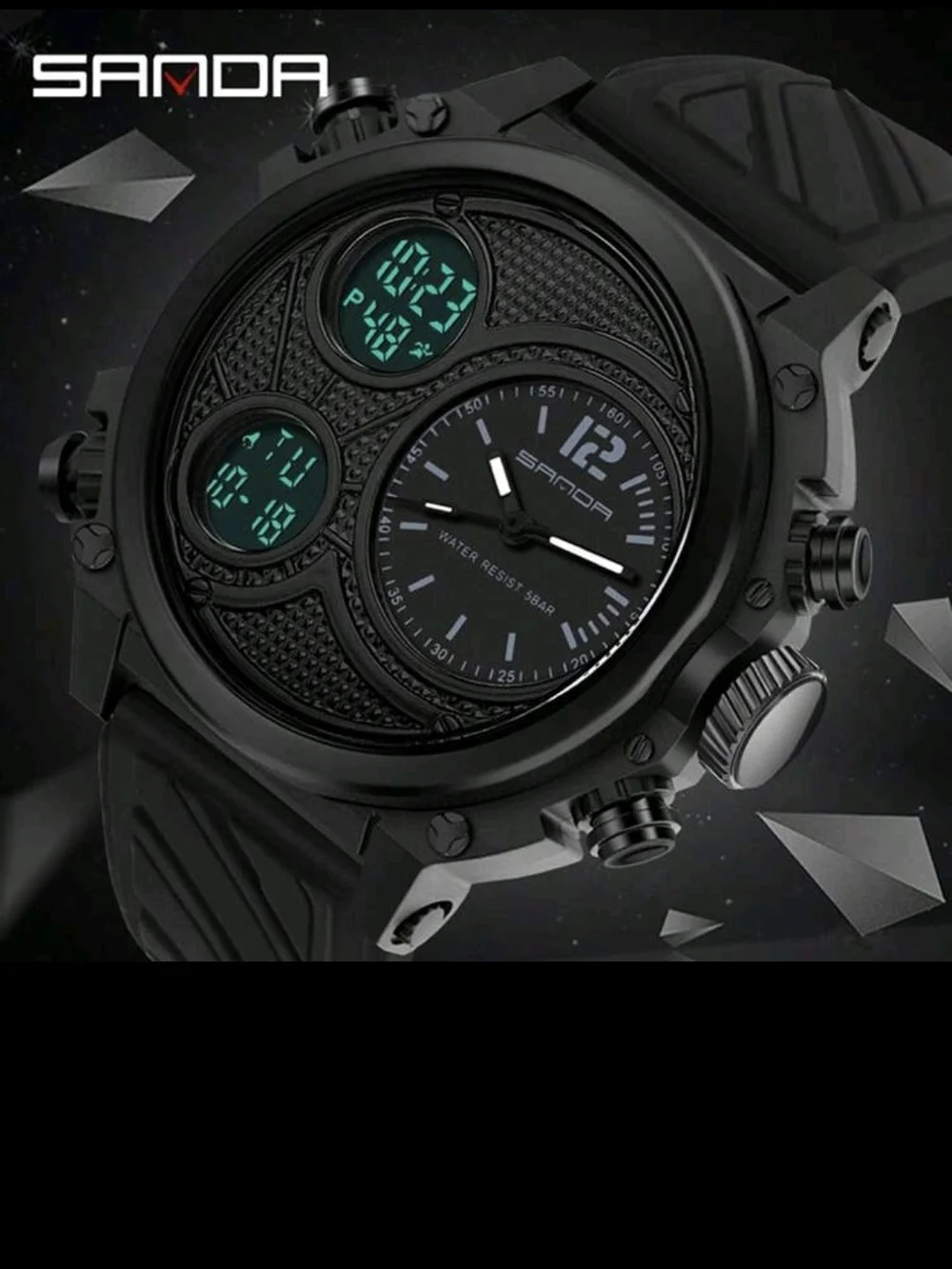 Men's Digital Analog Watch with Dual Time Zones, Stopwatch, Alarm, Countdown